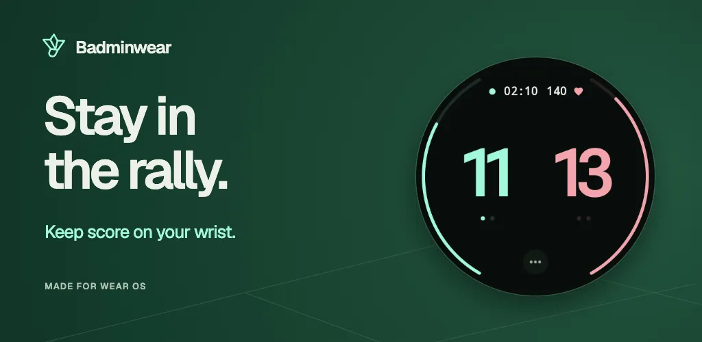 Badminwear watch scoring screen showing 11–13.