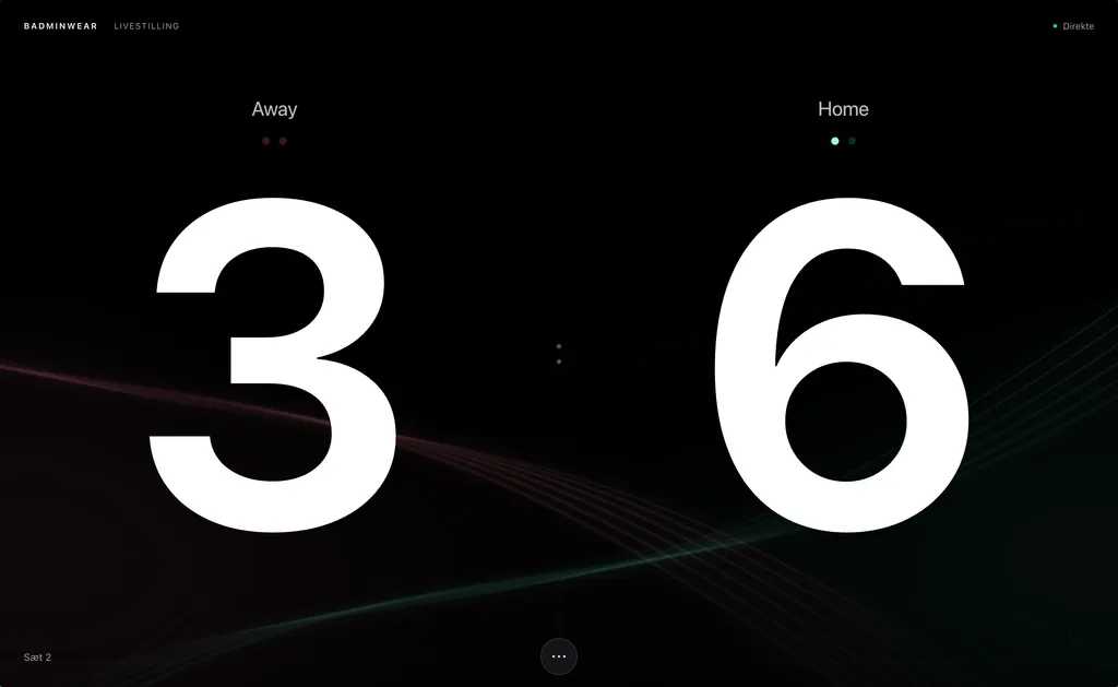 Badminwear live scoreboard showing Away 3, Home 6 in set 2.